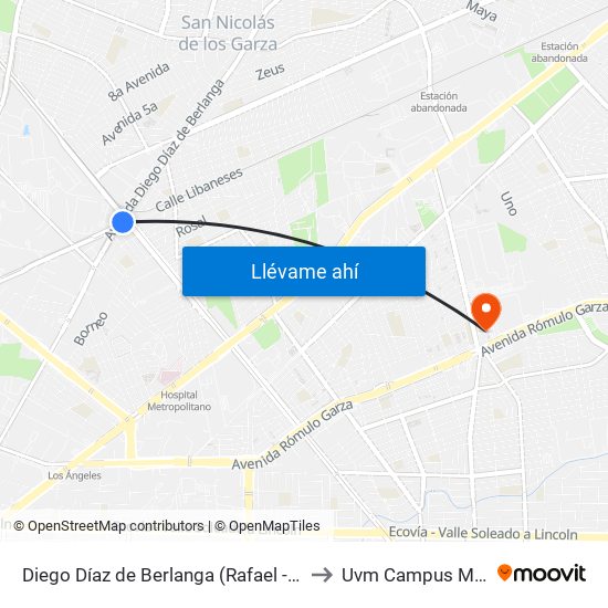 Diego Díaz de Berlanga (Rafael - Juan Pablo II) to Uvm Campus Monterrey map