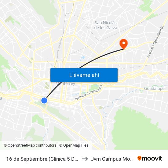 16 de Septiembre (Clínica 5 Del I.M.S.S.) to Uvm Campus Monterrey map