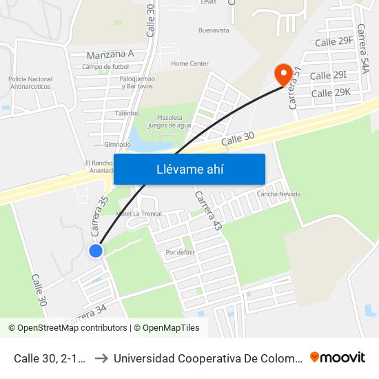 Calle 30, 2-100 to Universidad Cooperativa De Colombia map