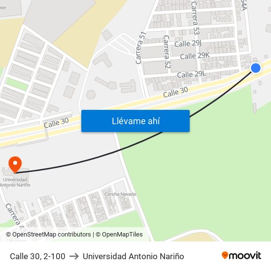 Calle 30, 2-100 to Universidad Antonio Nariño map