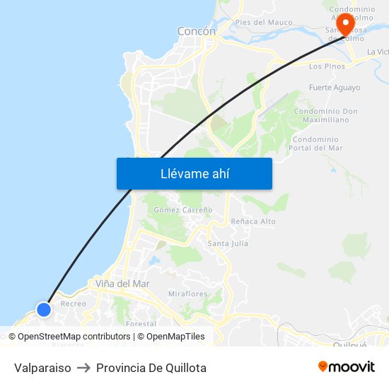 Valparaiso to Provincia De Quillota map