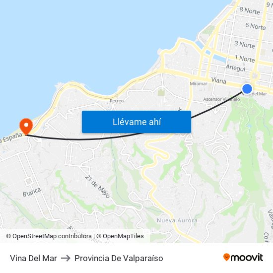 Vina Del Mar to Provincia De Valparaíso map