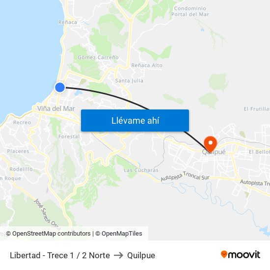 Libertad - Trece 1 / 2 Norte to Quilpue map