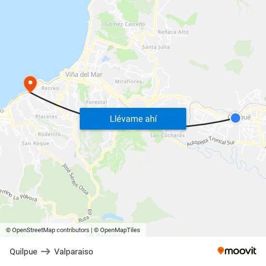 Quilpue to Valparaiso map
