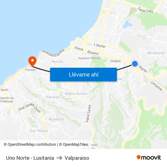 Uno Norte - Lusitania to Valparaiso map