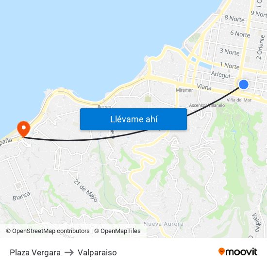 Plaza Vergara to Valparaiso map