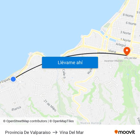 Provincia De Valparaíso to Vina Del Mar map