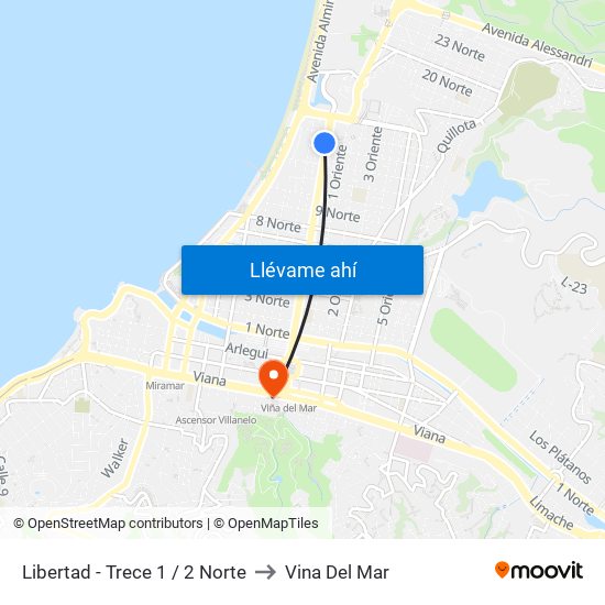 Libertad - Trece 1 / 2 Norte to Vina Del Mar map