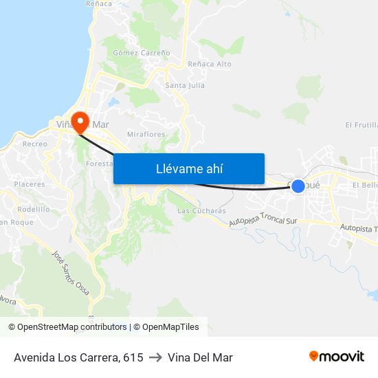 Avenida Los Carrera, 615 to Vina Del Mar map