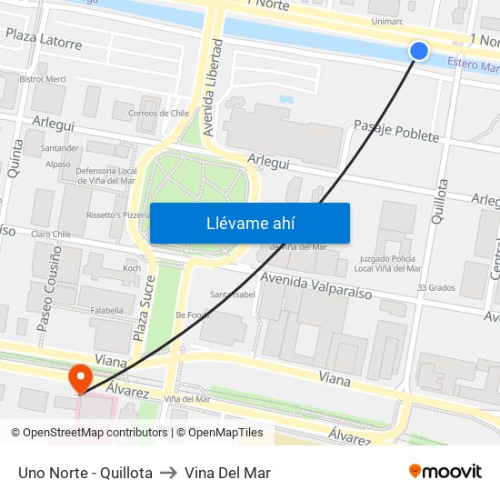 Uno Norte - Quillota to Vina Del Mar map