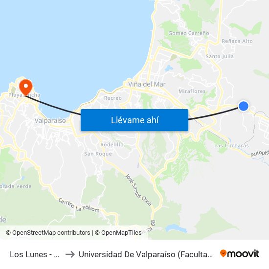 Los Lunes - Troncal / Norte to Universidad De Valparaíso (Facultad De Ciencias - Ingeniería Ambiental) map