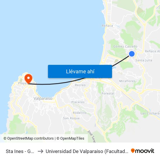 Sta Ines - Gomez Carreño to Universidad De Valparaíso (Facultad De Ciencias - Ingeniería Ambiental) map