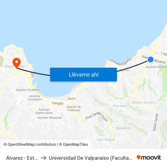 Álvarez - Estación Miramar to Universidad De Valparaíso (Facultad De Ciencias - Ingeniería Ambiental) map