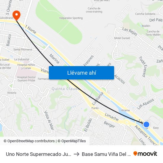 Uno Norte Supermecado Jumbo to Base Samu Viña Del Mar map