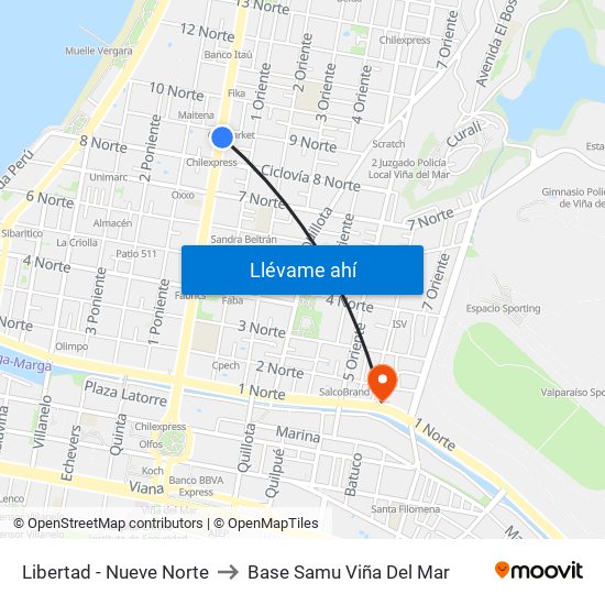 Libertad - Nueve Norte to Base Samu Viña Del Mar map