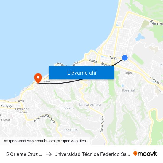 5 Oriente Cruz Verde to Universidad Técnica Federico Santa María map