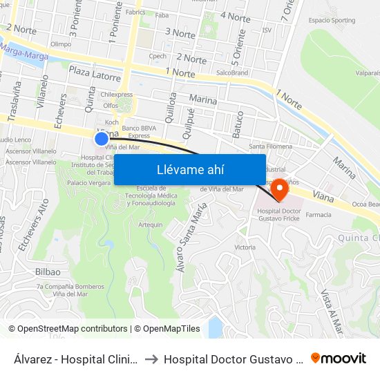 Álvarez - Hospital Clinico Ist to Hospital Doctor Gustavo Fricke map