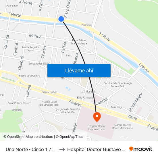 Uno Norte - Cinco 1 / 2 Ote to Hospital Doctor Gustavo Fricke map