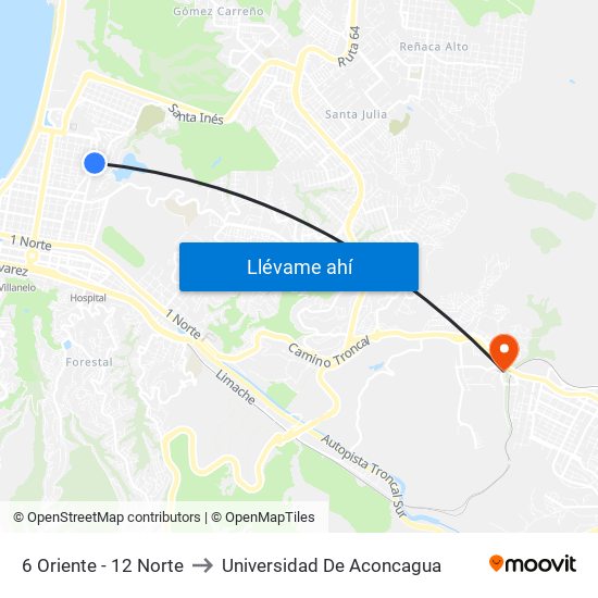 6 Oriente - 12 Norte to Universidad De Aconcagua map