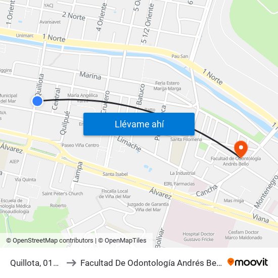 Quillota, 0151 to Facultad De Odontología Andrés Bello map