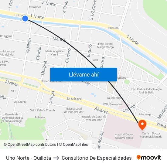 Uno Norte - Quillota to Consultorio De Especialidades map