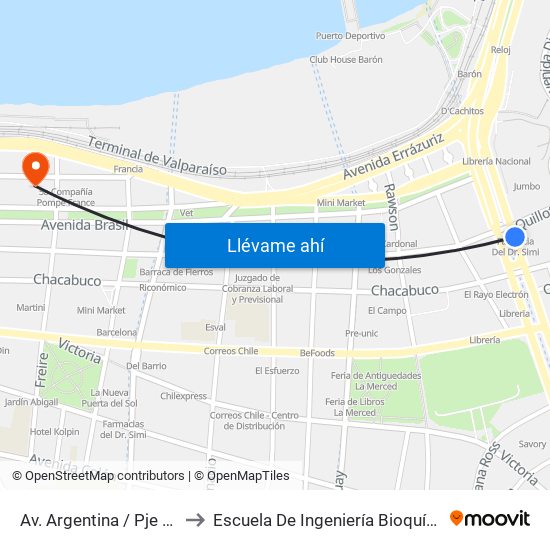 Av. Argentina / Pje Quillota to Escuela De Ingeniería Bioquímica Pucv map