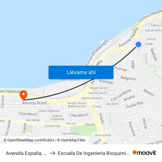 Avenida España, 1139 to Escuela De Ingeniería Bioquímica Pucv map