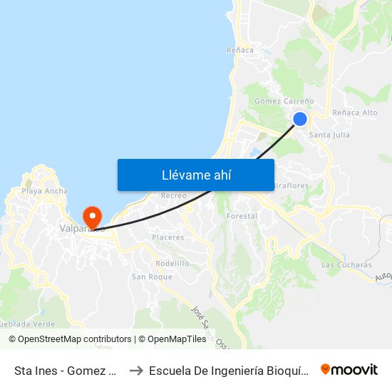 Sta Ines - Gomez Carreño to Escuela De Ingeniería Bioquímica Pucv map