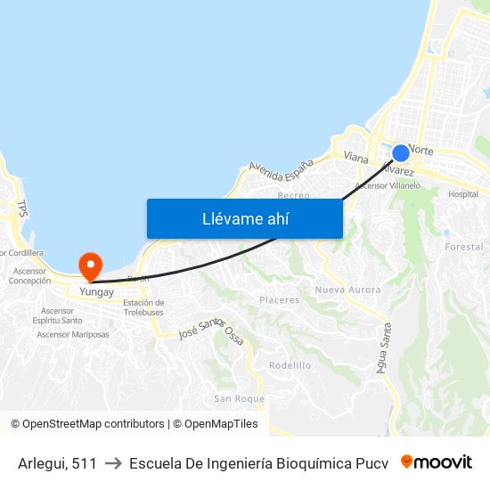 Arlegui, 511 to Escuela De Ingeniería Bioquímica Pucv map