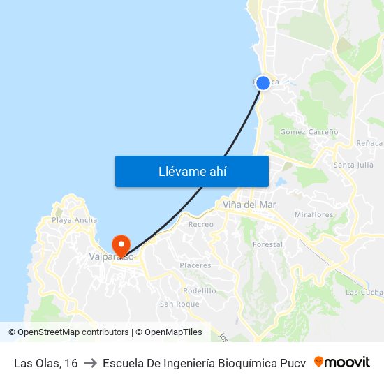 Las Olas, 16 to Escuela De Ingeniería Bioquímica Pucv map