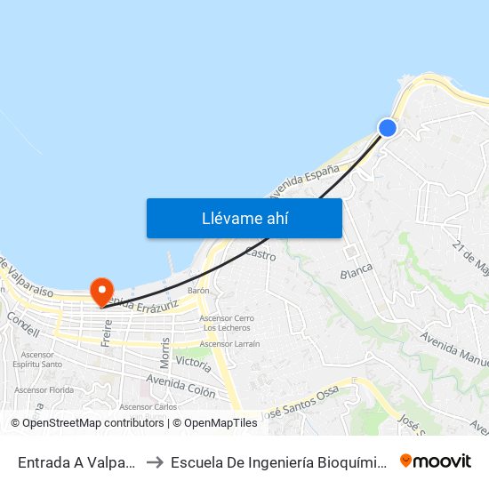 Entrada A Valparaiso to Escuela De Ingeniería Bioquímica Pucv map