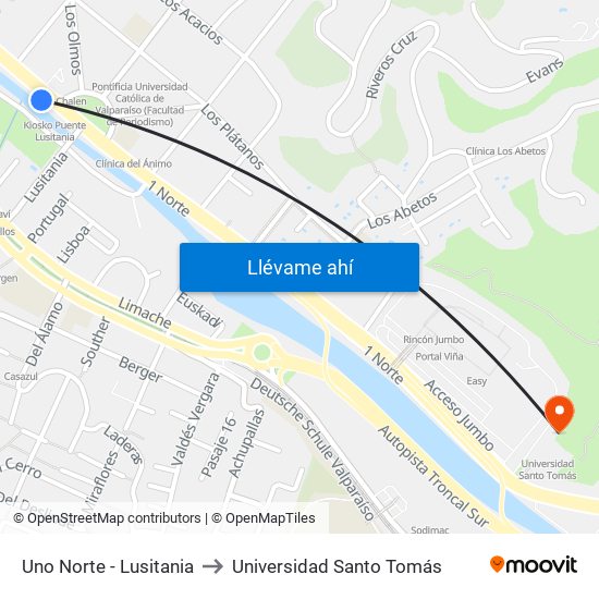 Uno Norte - Lusitania to Universidad Santo Tomás map