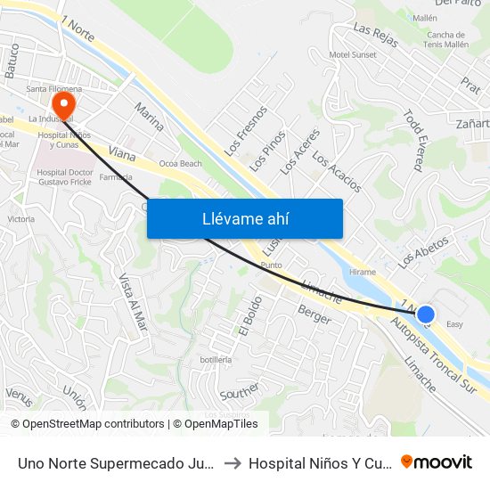 Uno Norte Supermecado Jumbo to Hospital Niños Y Cunas map
