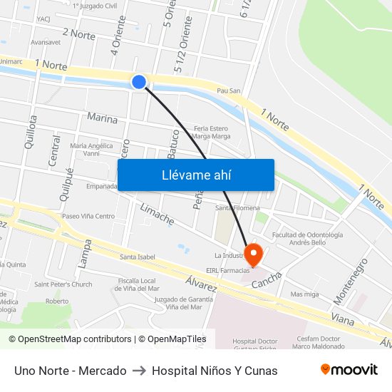 Uno Norte - Mercado to Hospital Niños Y Cunas map