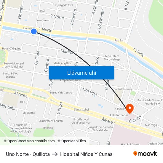 Uno Norte - Quillota to Hospital Niños Y Cunas map