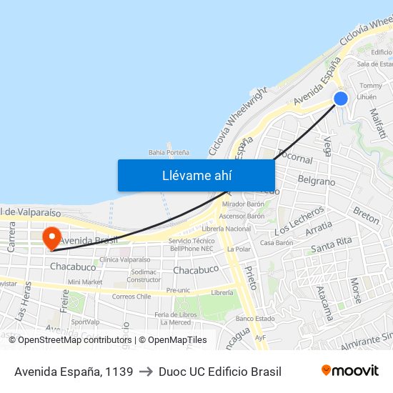 Avenida España, 1139 to Duoc UC Edificio Brasil map