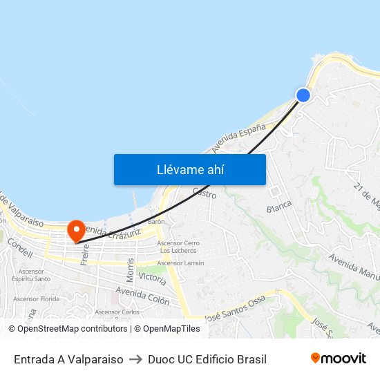 Entrada A Valparaiso to Duoc UC Edificio Brasil map