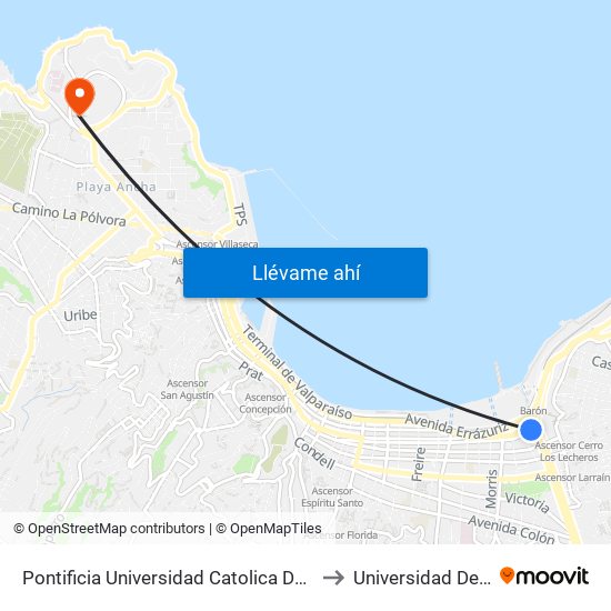Pontificia Universidad Catolica De Valparaiso, Casa Central to Universidad De Playa Ancha map