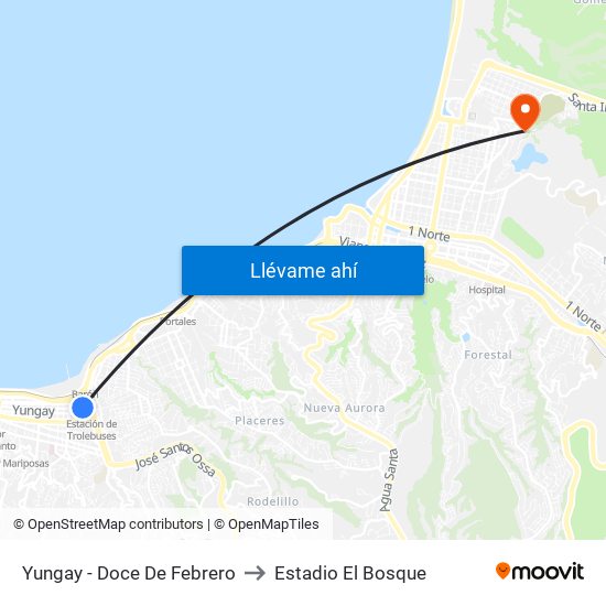 Yungay - Doce De Febrero to Estadio El Bosque map