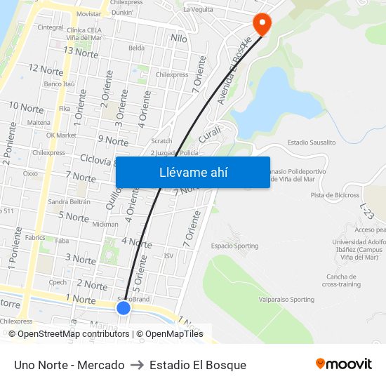 Uno Norte - Mercado to Estadio El Bosque map