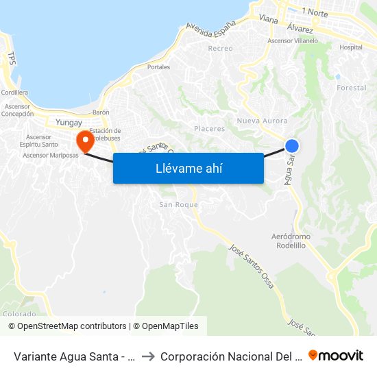 Variante Agua Santa - Los Canelos to Corporación Nacional Del Cáncer Conac map
