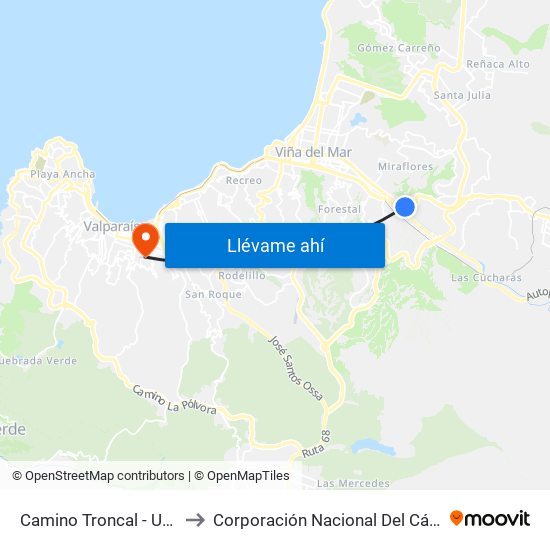 Camino Troncal - Uno Norte to Corporación Nacional Del Cáncer Conac map