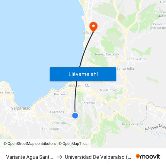 Variante Agua Santa - Los Canelos to Universidad De Valparaíso (Campus De La Salud) map