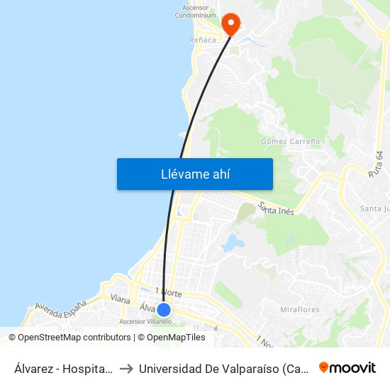 Álvarez - Hospital Clinico Ist to Universidad De Valparaíso (Campus De La Salud) map