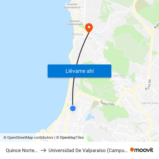 Quince Norte - Igatri to Universidad De Valparaíso (Campus De La Salud) map