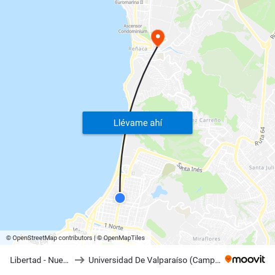 Libertad - Nueve Norte to Universidad De Valparaíso (Campus De La Salud) map