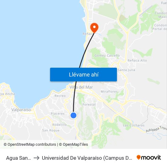 Agua Santa 1 to Universidad De Valparaíso (Campus De La Salud) map