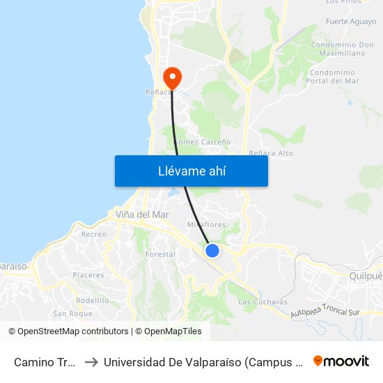 Camino Troncal to Universidad De Valparaíso (Campus De La Salud) map