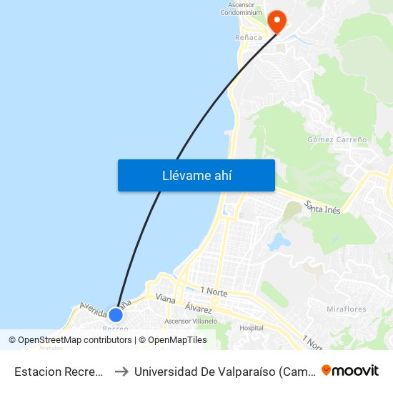 Estacion Recreo / Oriente to Universidad De Valparaíso (Campus De La Salud) map