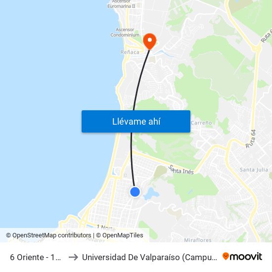 6 Oriente - 12 Norte to Universidad De Valparaíso (Campus De La Salud) map